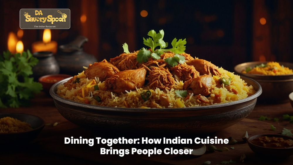 Family and friends sharing Indian dishes at a dining table with warm lighting and traditional plates.