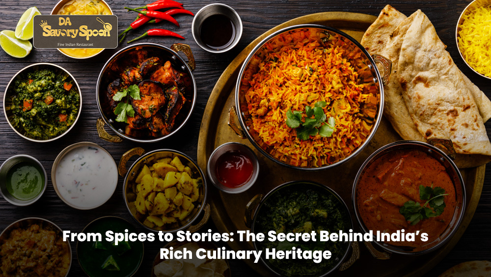Traditional Indian spices and ingredients arranged on a wooden table with bowls of colorful masalas.
