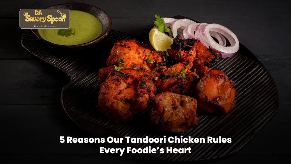 Tandoori chicken pieces grilled with spices, served hot with lemon and onions