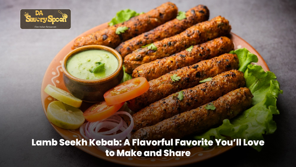 Juicy lamb seekh kebab grilled on skewers with herbs and spices served with chutney
