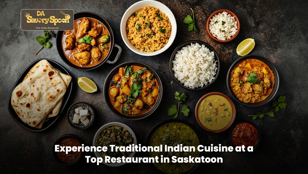 Traditional Indian cuisine served at a top Indian restaurant in Saskatoon with authentic curries and naan