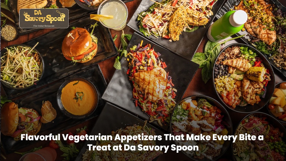 Assorted vegetarian appetizers served fresh at Da Savory Spoon, featuring crisp textures and rich flavors